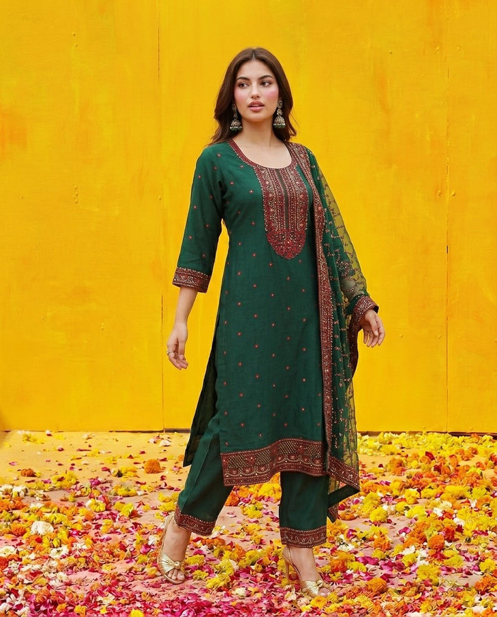 Green Blended Viscose Kurta Bottom Dupatta Set