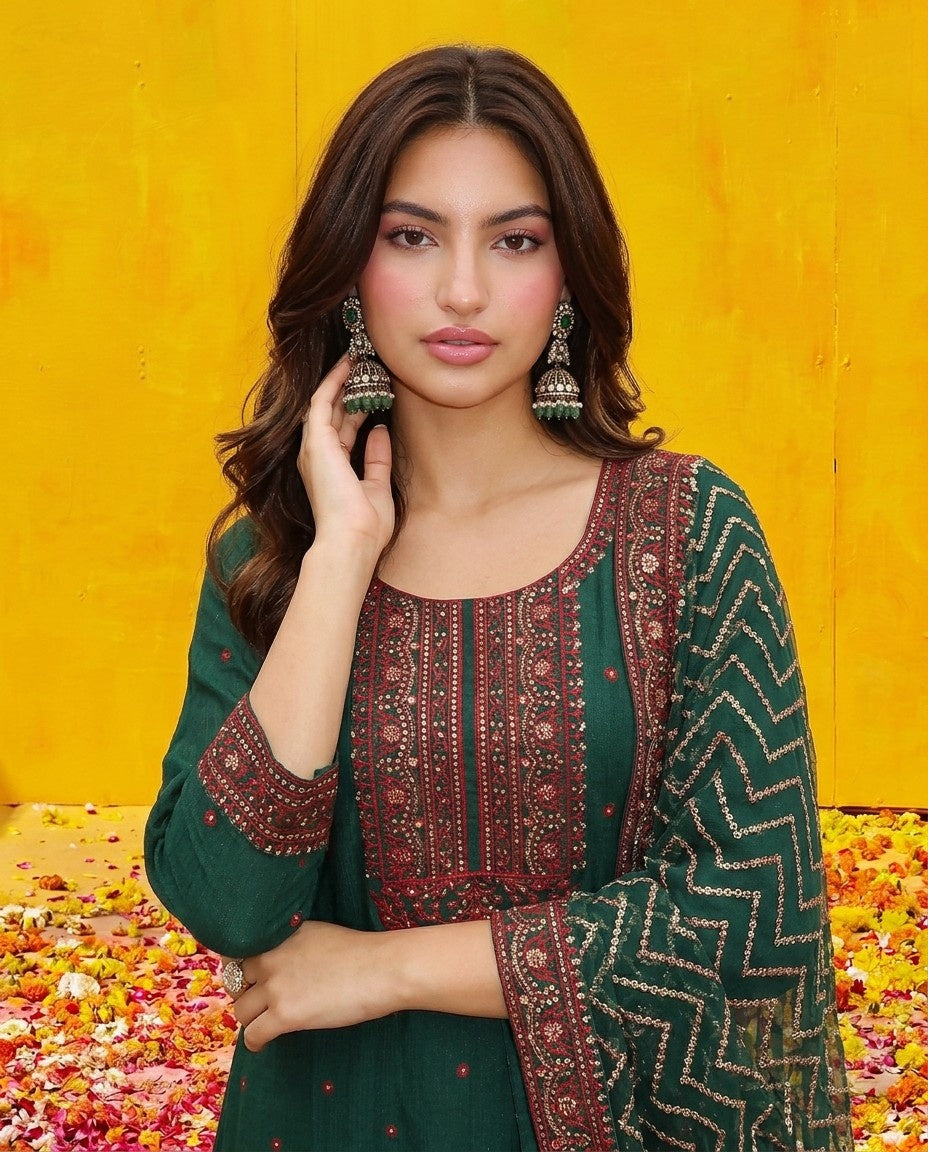 Green Blended Viscose Kurta Bottom Dupatta Set