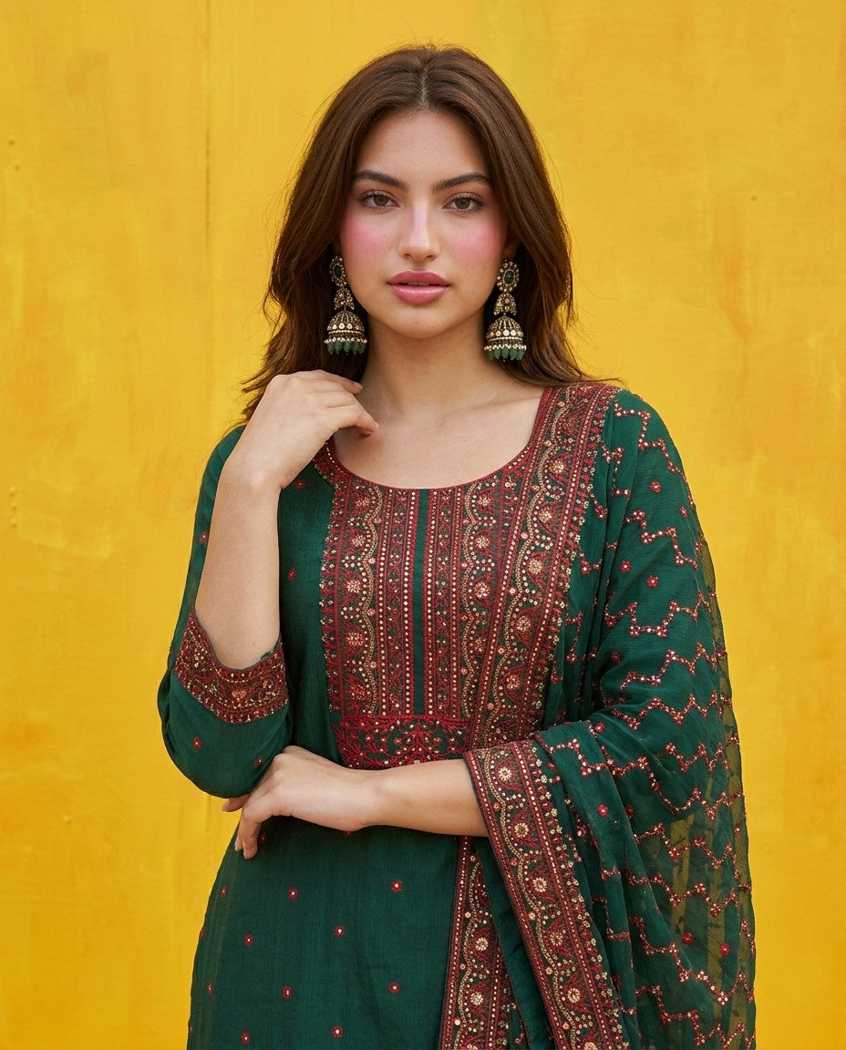 Green Blended Viscose Kurta Bottom Dupatta Set