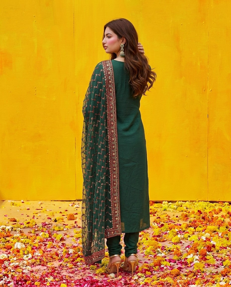 Green Blended Viscose Kurta Bottom Dupatta Set