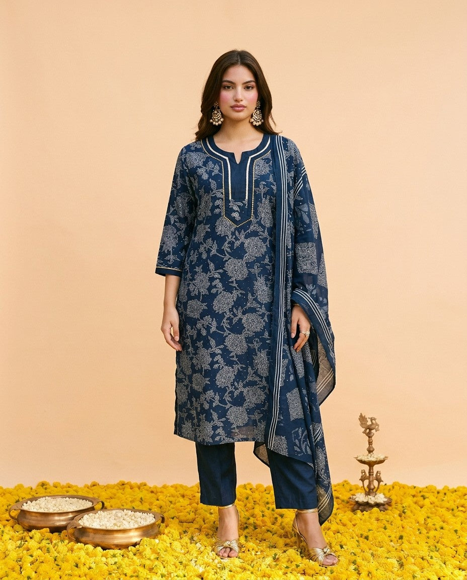 Navy Blended Viscose Kurta Bottom Dupatta Set
