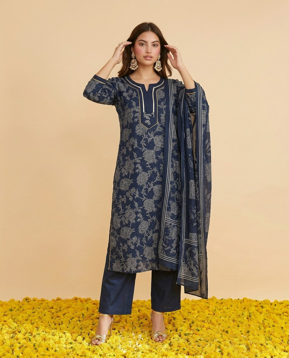 Navy Blended Viscose Kurta Bottom Dupatta Set