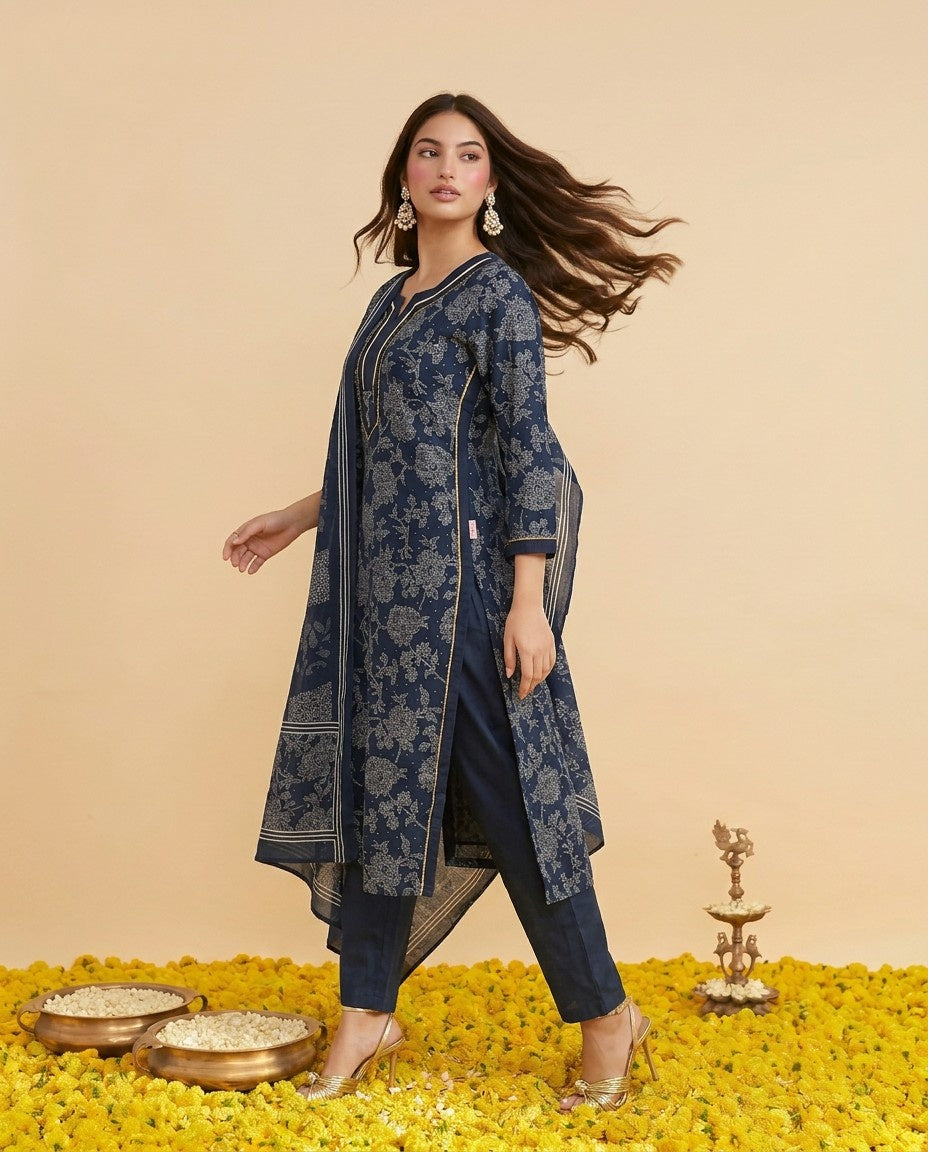 Navy Blended Viscose Kurta Bottom Dupatta Set