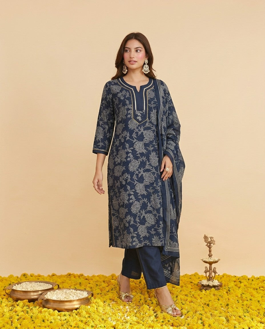 Navy Blended Viscose Kurta Bottom Dupatta Set