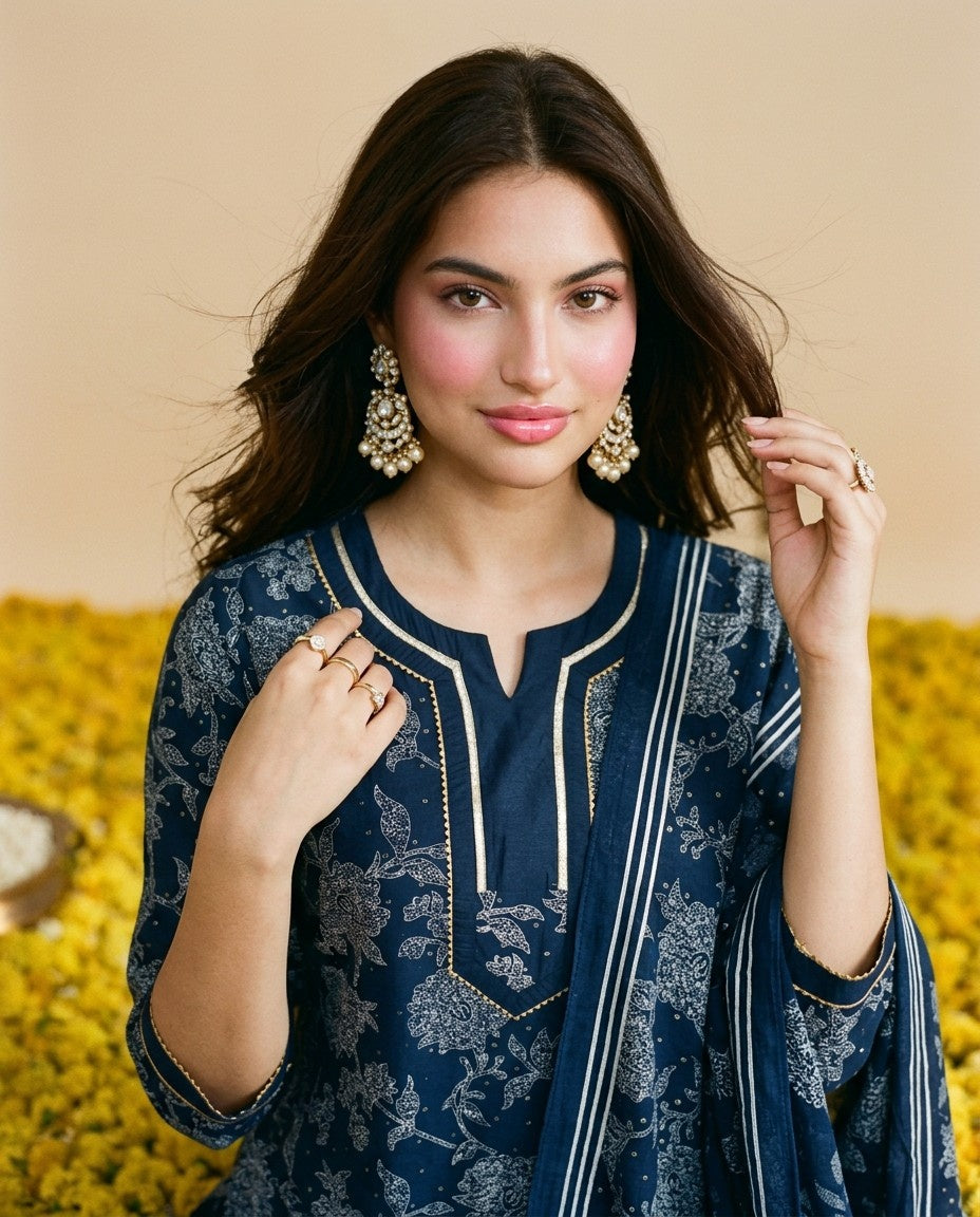 Navy Blended Viscose Kurta Bottom Dupatta Set