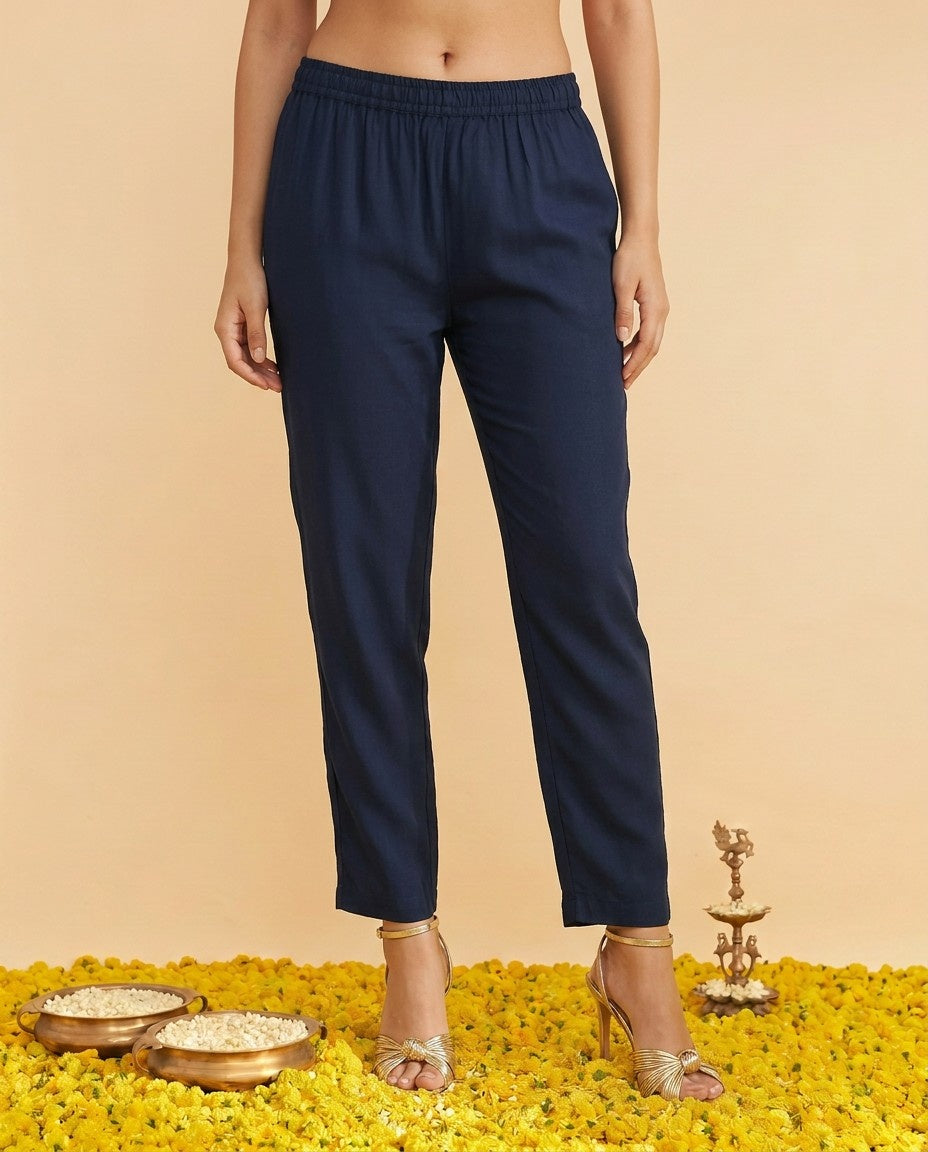 Navy Blended Viscose Kurta Bottom Dupatta Set
