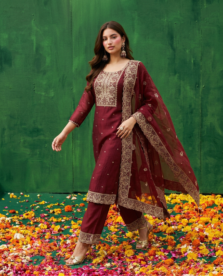 Maroon Embroidered Silk Blended Kurta Bottom Dupatta Set