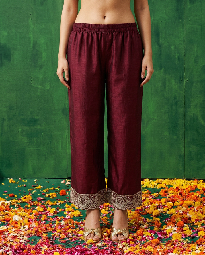 Maroon Embroidered Silk Blended Kurta Bottom Dupatta Set