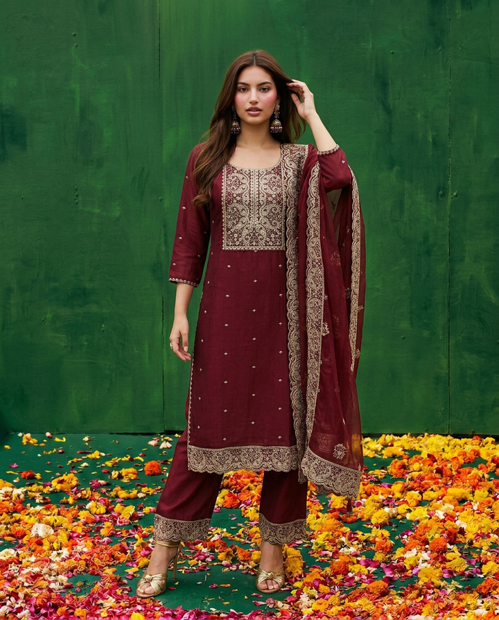 Maroon Embroidered Silk Blended Kurta Bottom Dupatta Set