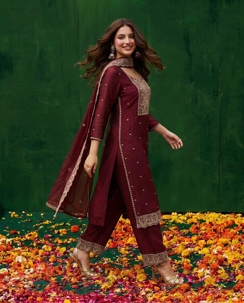 Maroon Embroidered Silk Blended Kurta Bottom Dupatta Set