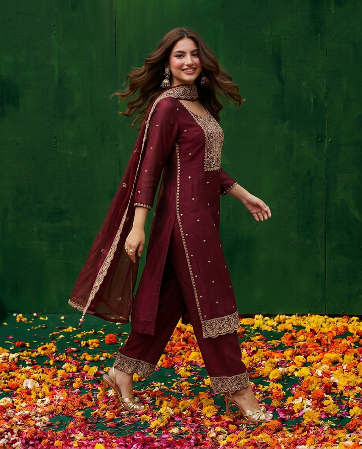 Maroon Embroidered Silk Blended Kurta Bottom Dupatta Set