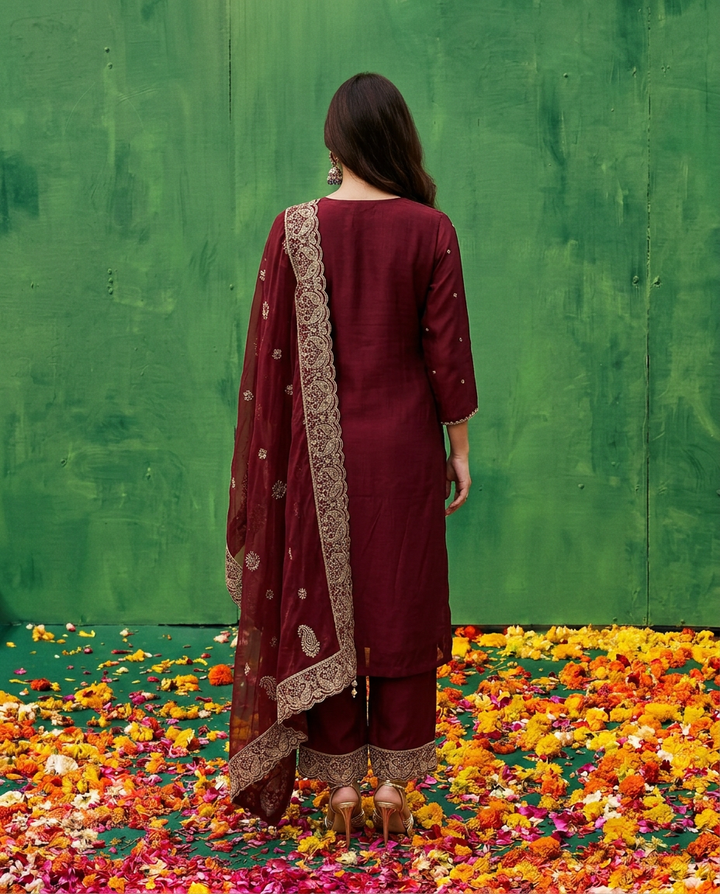 Maroon Embroidered Silk Blended Kurta Bottom Dupatta Set