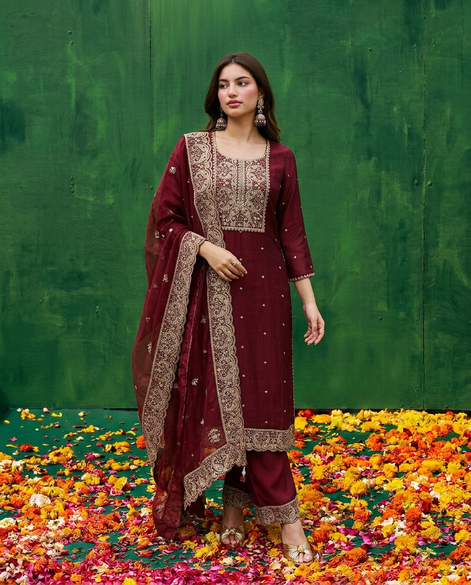 Maroon Embroidered Silk Blended Kurta Bottom Dupatta Set