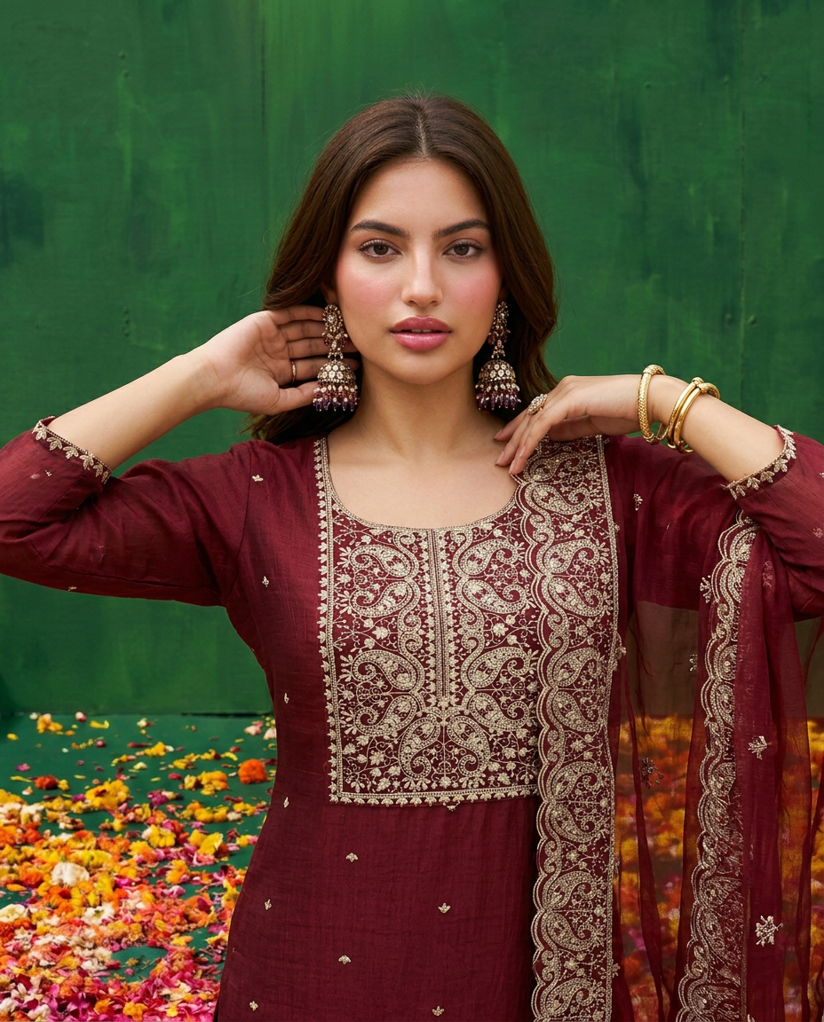 Maroon Embroidered Silk Blended Kurta Bottom Dupatta Set