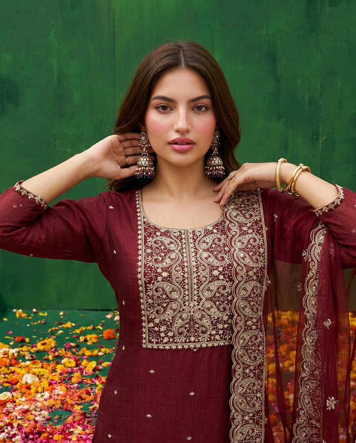 Maroon Embroidered Silk Blended Kurta Bottom Dupatta Set