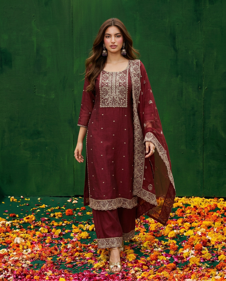 Maroon Embroidered Silk Blended Kurta Bottom Dupatta Set