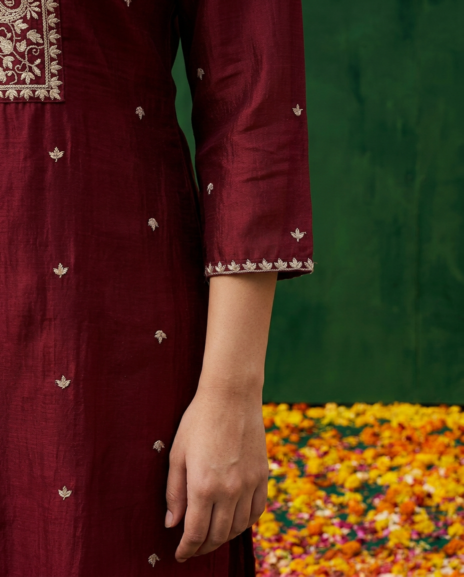 Maroon Embroidered Silk Blended Kurta Bottom Dupatta Set
