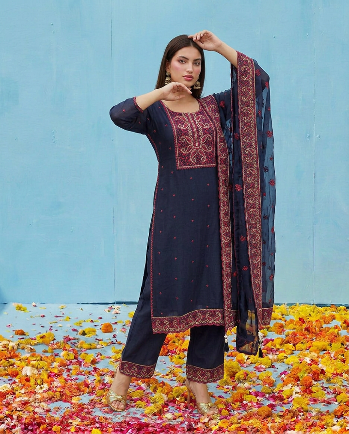 Navy Embroidered Silk Blended Kurta Bottom Dupatta Set