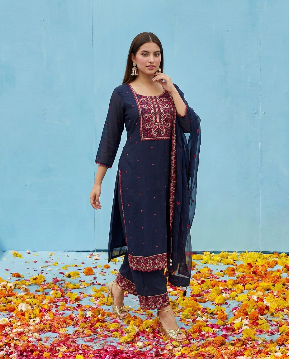 Navy Embroidered Silk Blended Kurta Bottom Dupatta Set