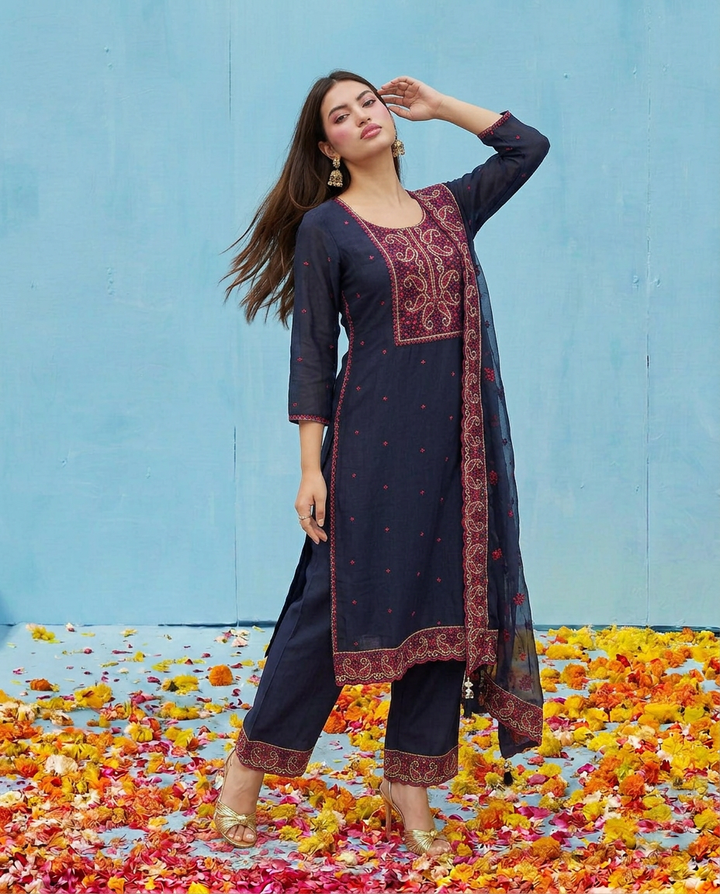 Navy Embroidered Silk Blended Kurta Bottom Dupatta Set