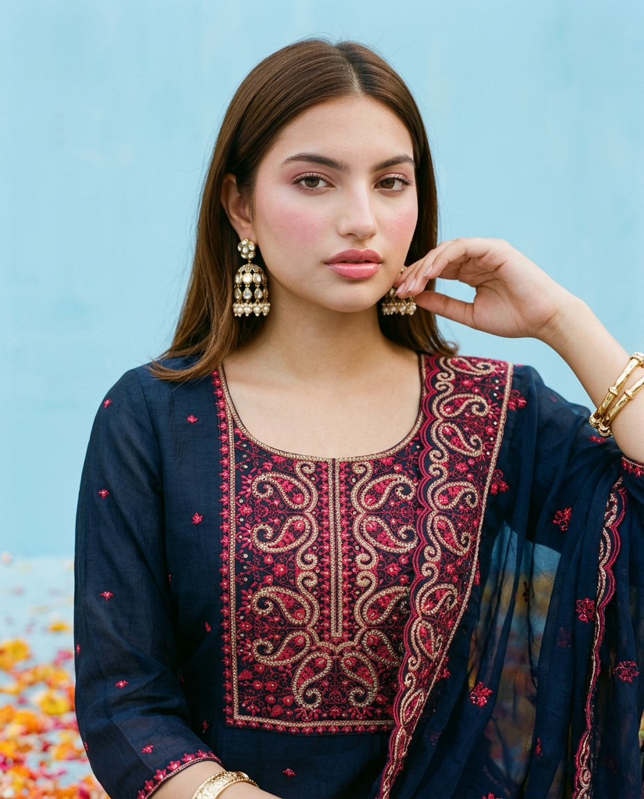 Navy Embroidered Silk Blended Kurta Bottom Dupatta Set