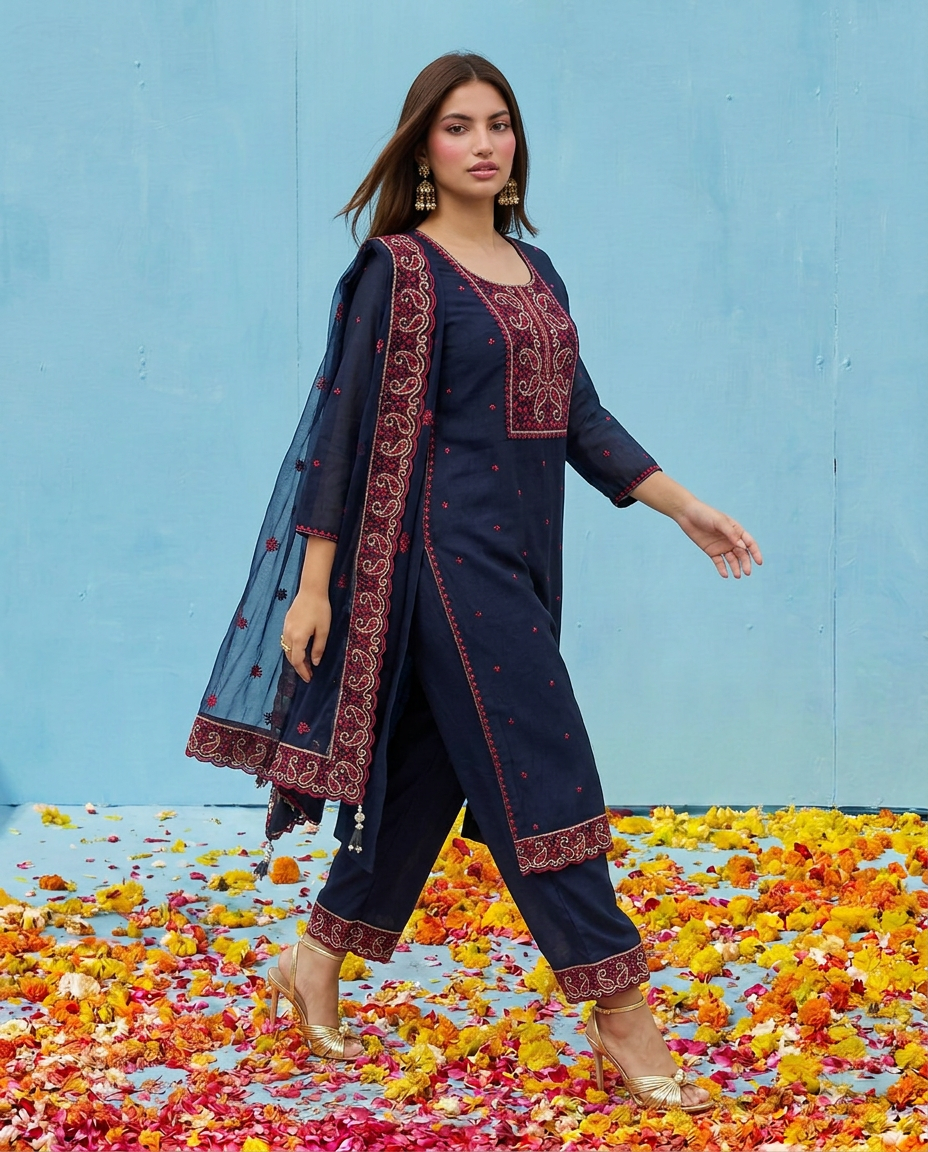 Navy Embroidered Silk Blended Kurta Bottom Dupatta Set