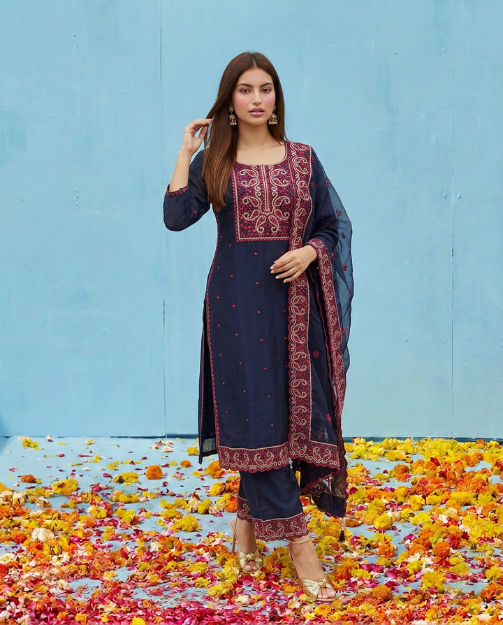 Navy Embroidered Silk Blended Kurta Bottom Dupatta Set
