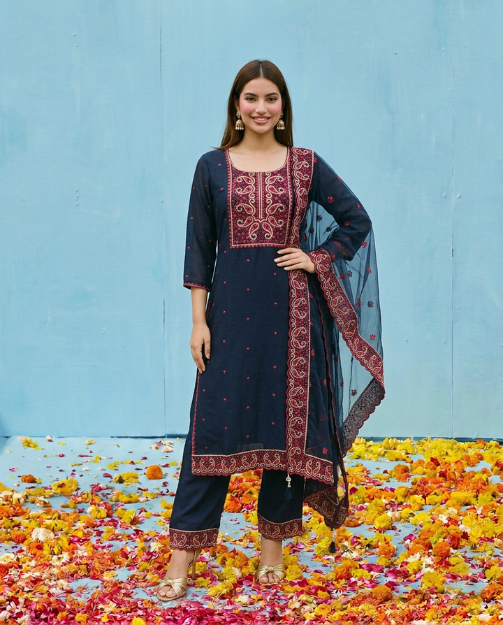Navy Embroidered Silk Blended Kurta Bottom Dupatta Set