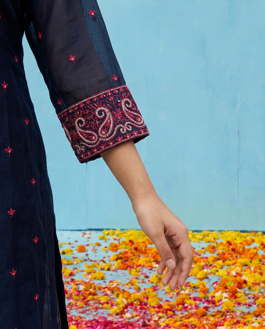 Navy Embroidered Silk Blended Kurta Bottom Dupatta Set