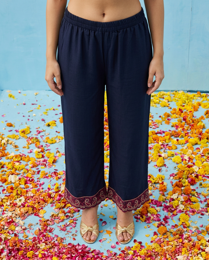 Navy Embroidered Silk Blended Kurta Bottom Dupatta Set