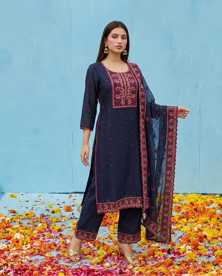Navy Embroidered Silk Blended Kurta Bottom Dupatta Set