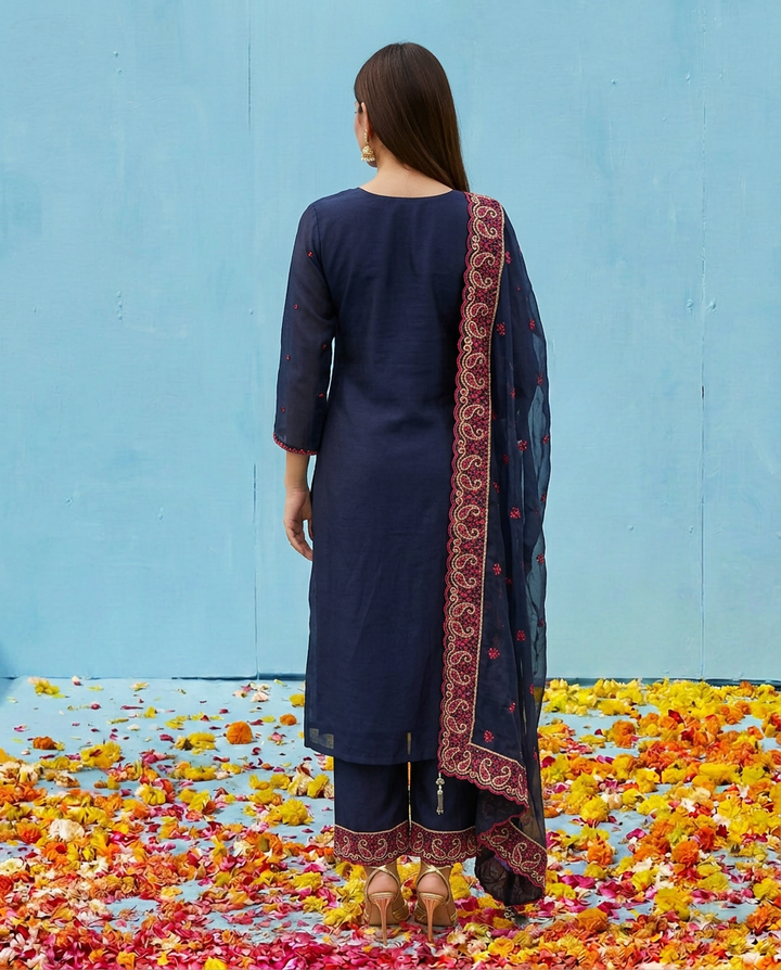 Navy Embroidered Silk Blended Kurta Bottom Dupatta Set
