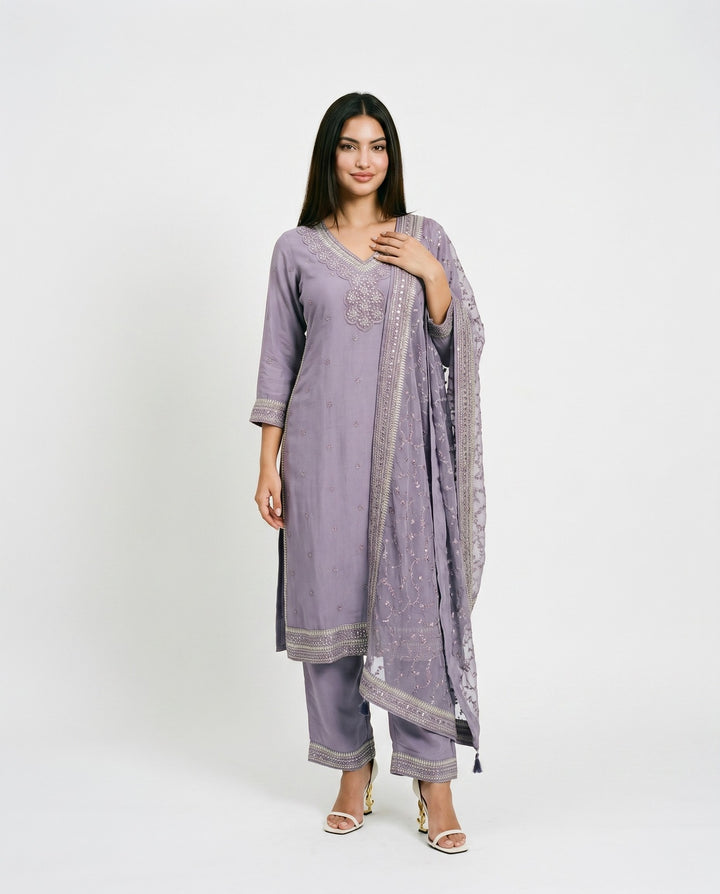Lavender Embroidered Silk Blended Kurta Bottom Dupatta Set