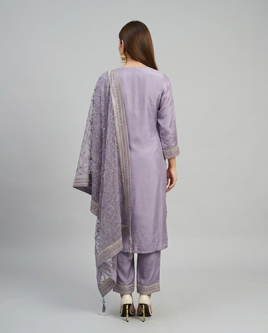 Lavender Embroidered Silk Blended Kurta Bottom Dupatta Set