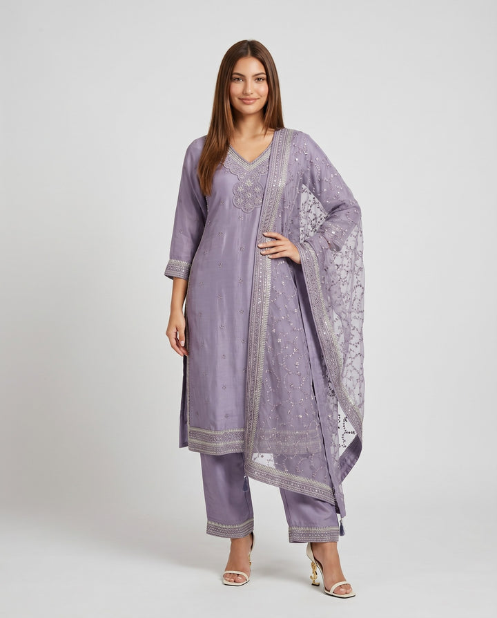 Lavender Embroidered Silk Blended Kurta Bottom Dupatta Set