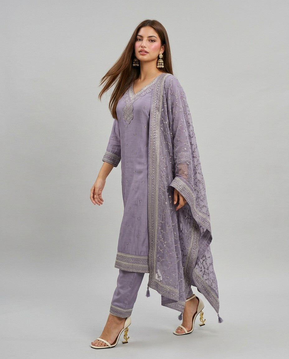 Lavender Embroidered Silk Blended Kurta Bottom Dupatta Set