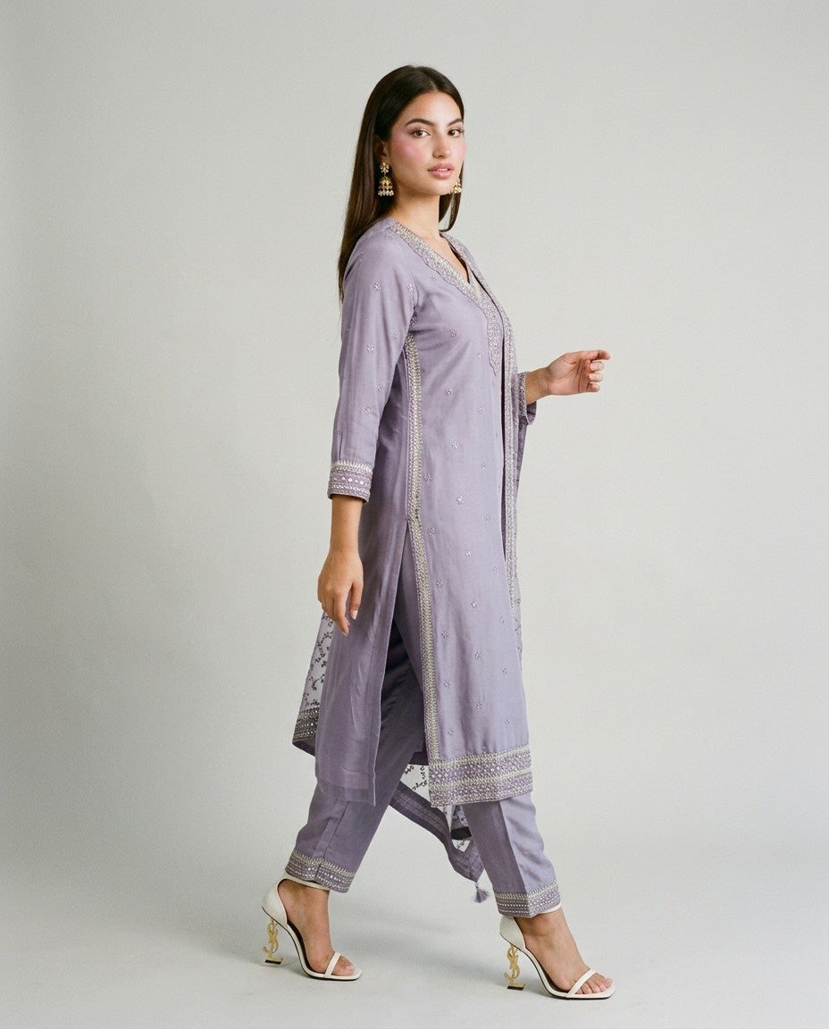 Lavender Embroidered Silk Blended Kurta Bottom Dupatta Set