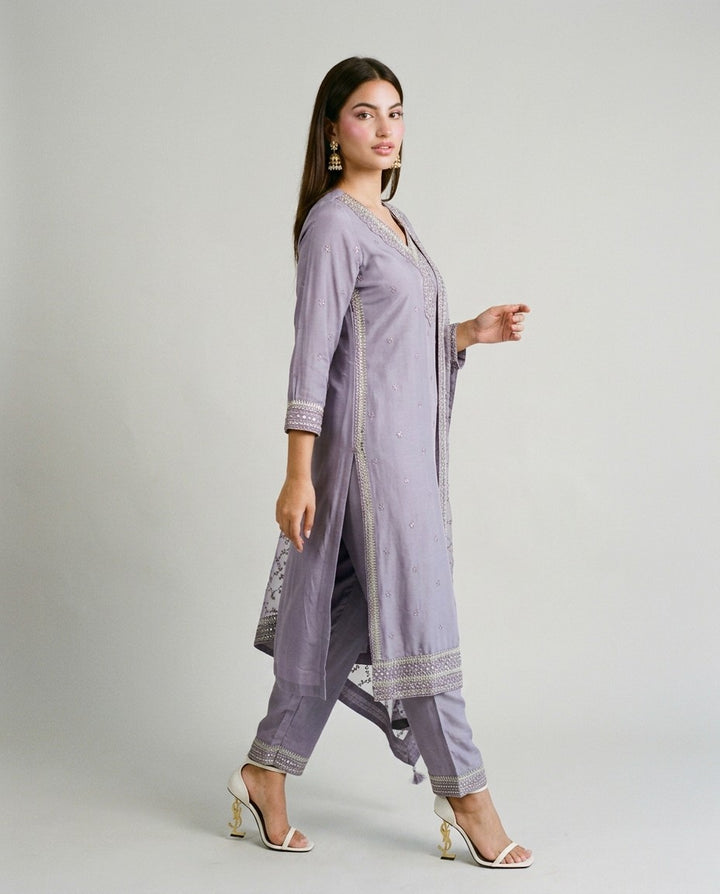 Lavender Embroidered Silk Blended Kurta Bottom Dupatta Set