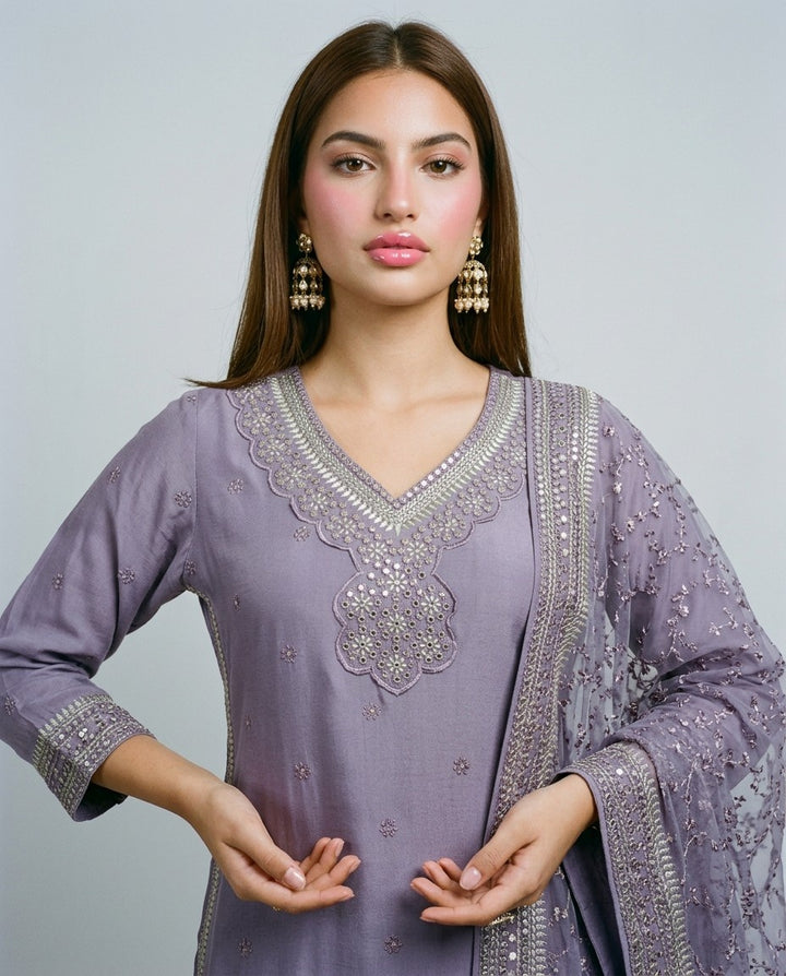 Lavender Embroidered Silk Blended Kurta Bottom Dupatta Set