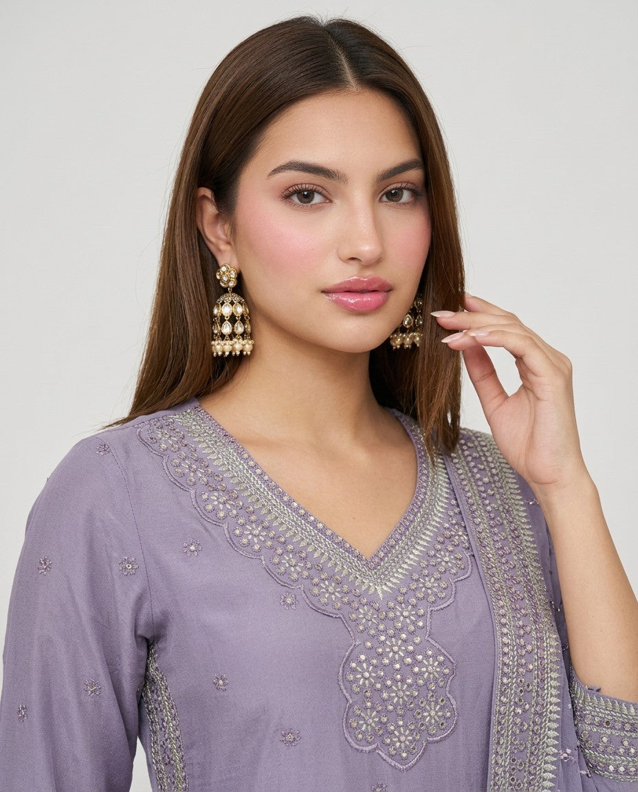 Lavender Embroidered Silk Blended Kurta Bottom Dupatta Set