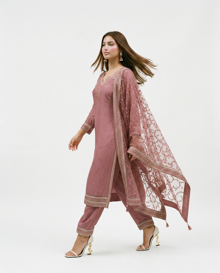 Peach Embroidered Silk Blended Kurta Bottom Dupatta Set