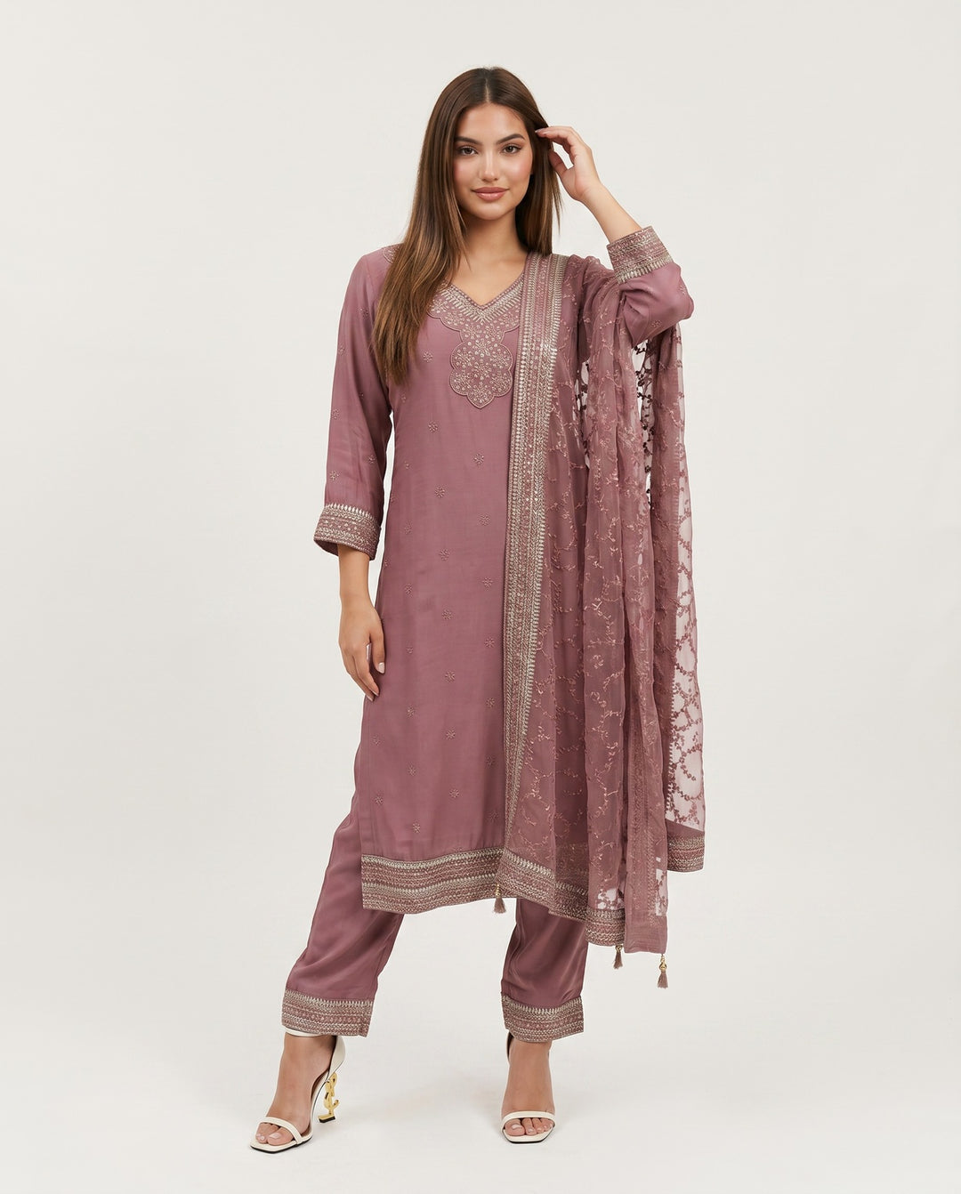 Peach Embroidered Silk Blended Kurta Bottom Dupatta Set