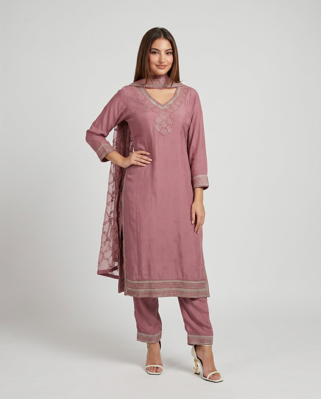 Peach Embroidered Silk Blended Kurta Bottom Dupatta Set