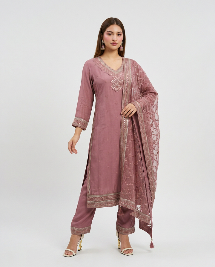 Peach Embroidered Silk Blended Kurta Bottom Dupatta Set