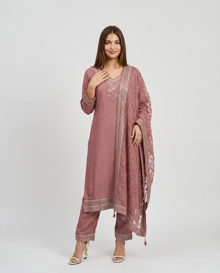 Peach Embroidered Silk Blended Kurta Bottom Dupatta Set