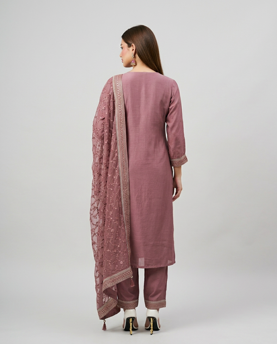 Peach Embroidered Silk Blended Kurta Bottom Dupatta Set