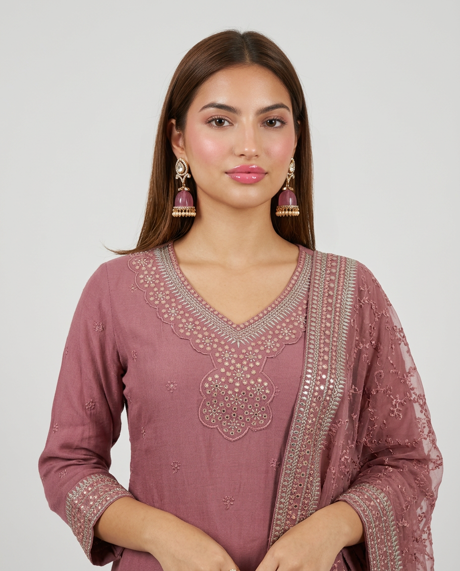 Peach Embroidered Silk Blended Kurta Bottom Dupatta Set