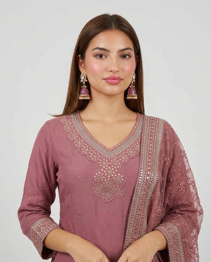 Peach Embroidered Silk Blended Kurta Bottom Dupatta Set