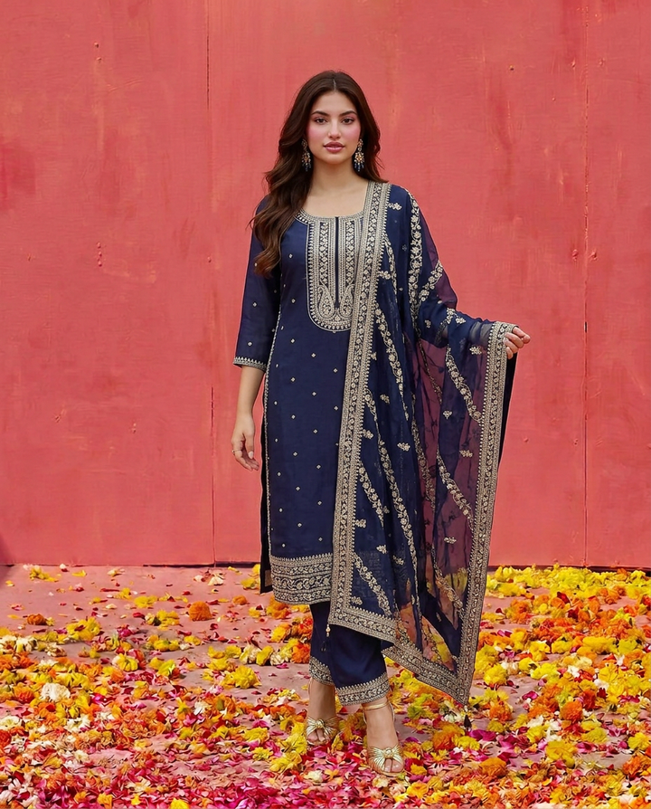 Navy Embroidered Silk Blended Kurta Bottom Dupatta Set