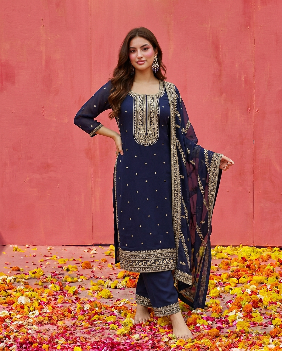 Navy Embroidered Silk Blended Kurta Bottom Dupatta Set